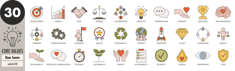 Core values - thin line icons set with colorful fill. Efficiency, sustainability, cooperation, trust, leadership, teamwork, diversity, innovation, accountability, transparency, vector illustration