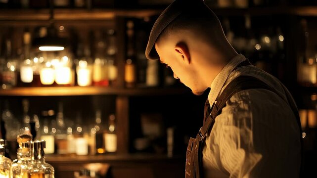 Young Bartender Working Focused in a Retro Bar