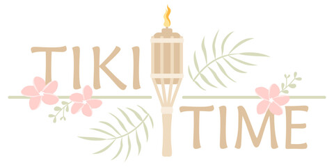 Tiki time, tropical summer design with torch and flowers
