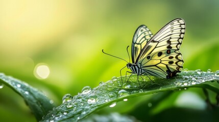 Obraz premium Butterfly resting on a wet leaf in a damaged garden with glistening droplets in soft natural light
