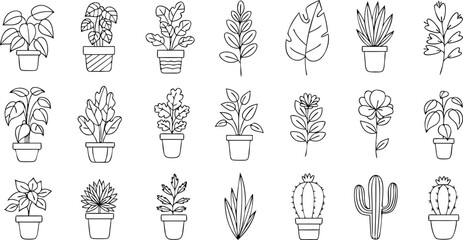 Collection of hand drawn black and white indoor plants and cacti in simple minimalist style