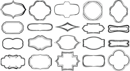 Collection of hand drawn vintage decorative frames and borders in black and white isolated on white