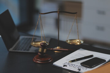 female business woman lawyers working at the law firms. Judge gavel with scales of justice. Legal...