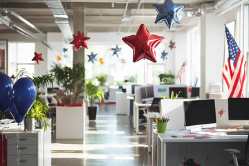 Modern office workspace decorated with red foil balloons in the shape of stars near each table, white interior, open space office, monitors on white tables. USA Independence Day, themed treats