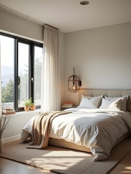 Explore a cozy bedroom featuring modern design and natural light