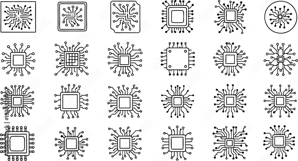 Aufkleber collection of various computer processors in minimalist black and white line art style for technolog