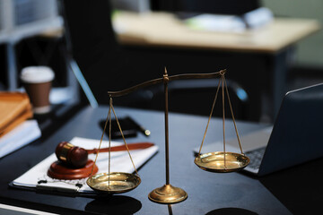 female business woman lawyers working at the law firms. Judge gavel with scales of justice. Legal law, lawyer, documents, advice and justice concept.