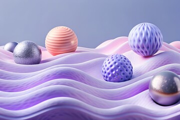 Fototapeta premium Abstract Spheres on Wavy Striped Surface – Geometric and Colorful Design, Art, Abstract, Geometric, Conceptual, Surreal