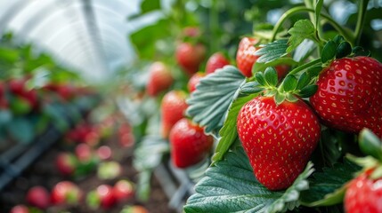 A close-up view of ripe red strawberries growing in a verdant farm, celebrating the beauty of nature and the joy of fresh produce in sustainable agriculture.