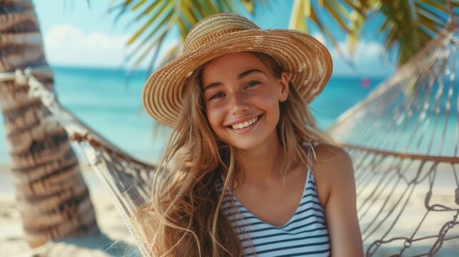 A happy young woman in a sun hat smiles while relaxing on a hammock surrounded by palm trees, embodying the essence of a carefree tropical beach getaway.