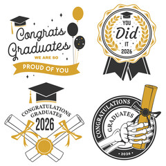 Set of Vector Class of 2026 badges. Vector illustration. Concept for shirt, print, seal, overlay or stamp, greeting, invitation card. Typography design. For class of 2026 graduation.
