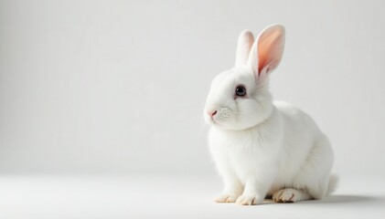Obraz premium Fluffy white rabbit sits alone against pure white background , wildlife, rabbit