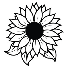 Bold black outline highlights a detailed sunflower blossom with decorative leaves near the stem