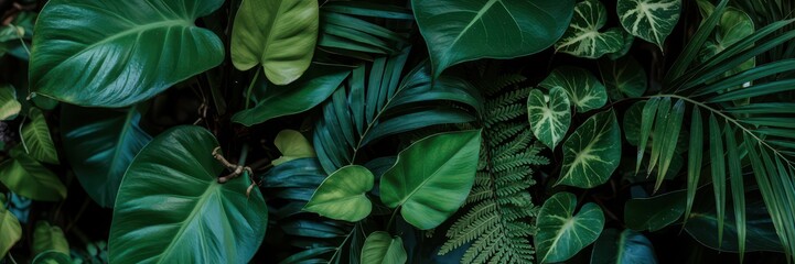 A lush, vibrant background featuring various dark green tropical leaves and foliage, creating a rich natural texture perfect for botanical themes.