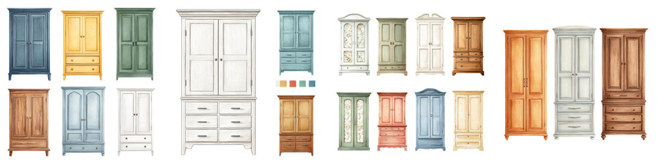 A collection of various vintage and antique wooden furniture pieces including cabinets wardrobes and storage units  long title This image showcases a