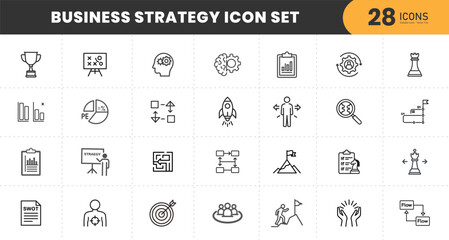  Business strategy icon set. Goal, vision, mission, planning, roadmap, business model, tactics, SWOT, competitive advantage, objectives and more. Solid vector icons collection.

