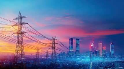Electricity transmission towers in the foreground with a vibrant colorful sunset over a modern city skyline of skyscrapers and high rise buildings