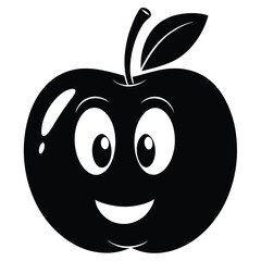 Cartoon apple icon with smiling face, displaying a simple design in monochrome colors