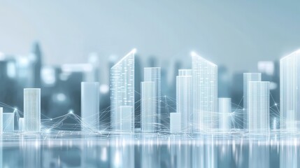 Striking image of a futuristic city skyline featuring a dynamic arrangement of tall sleek skyscrapers and office buildings reflecting the bright minimalist lights of the urban landscape