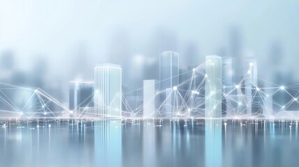 A sleek high tech cityscape with towering skyscrapers illuminated by a glowing network of digital connections reflecting in the calm waters below