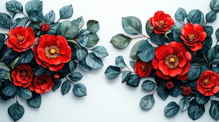 Red roses and eucalyptus leaves arranged symmetrically on a light background