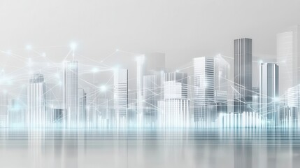 A serene minimalist cityscape with tall sleek skyscrapers and office buildings reflected in the still waters of a lake or river creating a sense of tranquility and sophistication