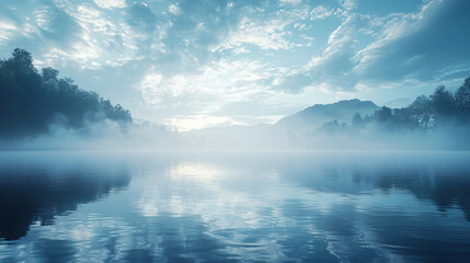 Fototapeta premium Serene Morning Mist Over Tranquil Lake with Soft Blue Sky