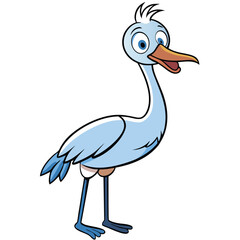Cartoon blue crane with whimsical expression stands confidently on a white background
