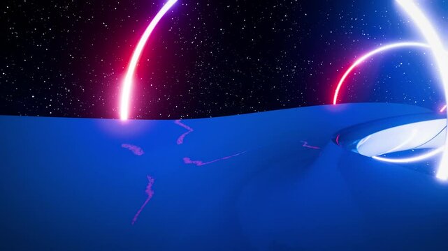 Retro future POV roller coaster slide with neons in galaxy, starry sky.