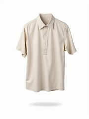 Studio shot of a short sleeved casual shirt in a neutral color against a white background.