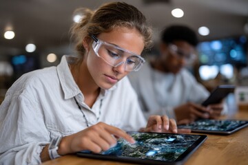 A young woman with glasses intensely focuses on her tablet screen, engaged in digital work, while a man quietly uses his phone in the background of a modern café setting.