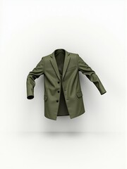 Elegant, muted green blazer hanging against a pristine white wall, creating a minimalist aesthetic.