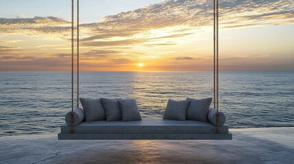 Ocean Swing at Sunset“ A tranquil concrete swing overlooking the ocean at sunset, evoking relaxation