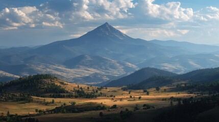 Fototapeta premium Majestic Mountain Vista: A Serene Panorama of Peaks and Valleys