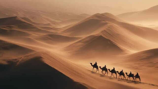 A camel caravan crosses a vast desert, with riders atop the camels under a clear sky.

