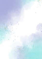 Abstract purple and light blue watercolor or alcohol ink art white background with golden crackers. Hand drawn illustration for card templates for greetings or invitations.

