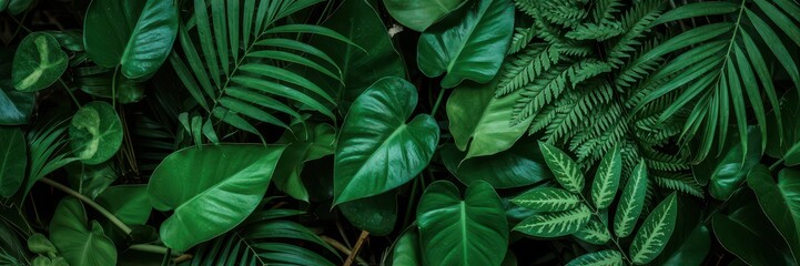 A lush, vibrant background featuring various dark green tropical leaves and foliage, creating a rich natural texture perfect for botanical themes.
