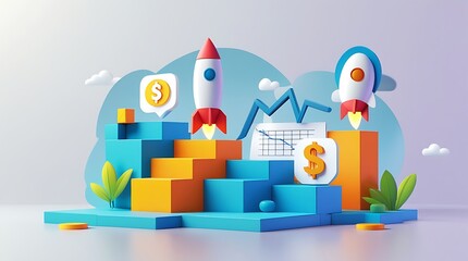 Fototapeta premium Business Growth Rocket Launch Startup Success, Financial Investment and Market Trends