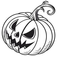 Cartoon pumpkin with carved scary face shows the Halloween spirit in black and white