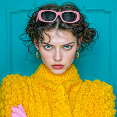Bold Fashion Portrait with Yellow Knitwear and Pink Sunglasses