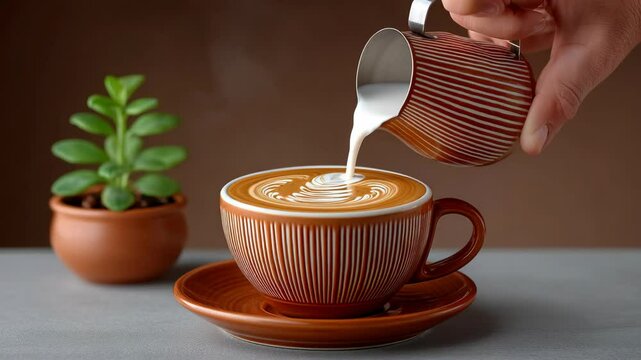 A barista pouring milk into a beautifully designed coffee cup, artfully creating a latte. The warm brown tones of the cup and saucer enhance the inviting nature of the drink.
