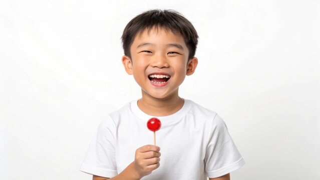 Smiling boy holding a red lollipop against a plain background.