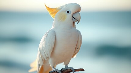 A Sulphur-crested Cockatoo perched on a branch near the ocean