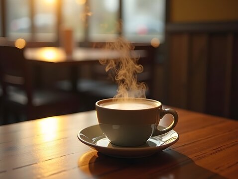 Steaming cup of coffee on a wooden table in a cozy cafe setting