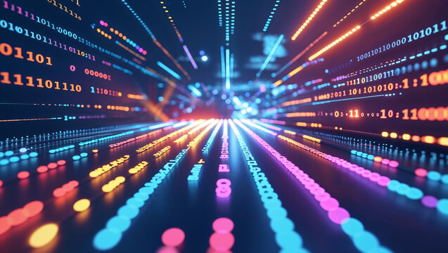 Abstract illustration of digital data flow and transfer with binary code and neon lights