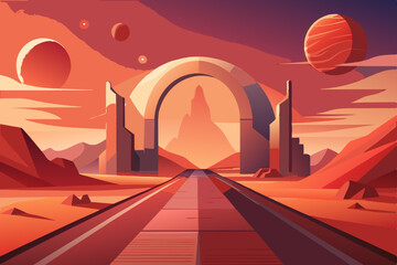 Surreal Sci-Fi Desert Landscape on Alien Planet – Futuristic Minimalist Vector Illustration