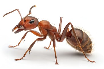 A close up shot of a brown ant on a white plain background