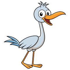 Cartoonish light blue bird with an orange beak is smiling and standing upright