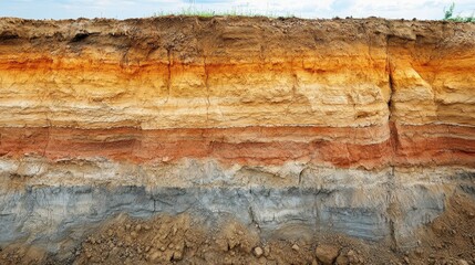Close-up shows the different layers of soil, including brown, red, and gray. Use for environmental science or geology illustrations, studies.