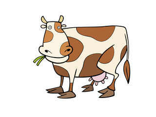 Cartoon Cow Eating Grass in a Field Illustration